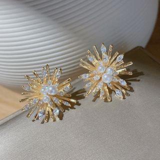 Rhinestone Faux Pearl Alloy Earring 1 Pair - Stud Earring - Gold - One Size
