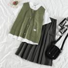 Pocket Detail Short-sleeve Shirt / Vest / Midi A-line Skirt