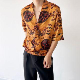 3/4-sleeve V-neck Print Shirt