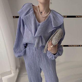 Set: V-neck Ruffle Trim Blouse + Loose Fit Pants