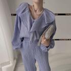 Set: V-neck Ruffle Trim Blouse + Loose Fit Pants