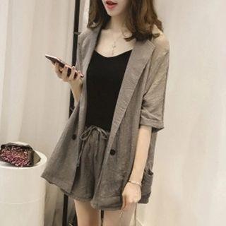 Set: Elbow-sleeve Blouse + Drawstring Shorts