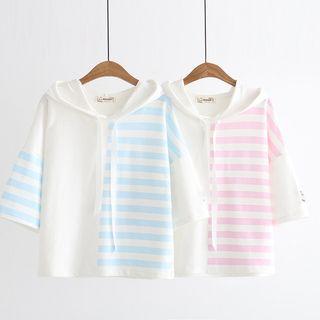 Striped Hooded Elbow-sleeve T-shirt / Lettering Elbow-sleeve T-shirt