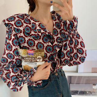 Wood Ear Trim Pearl Floral Long-sleeve Shirt