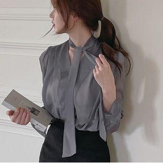 Long-sleeve V-neck Sheer Chiffon Blouse