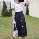 Set: Short-sleeve Color-block T-shirt + High Waist Midi A-line Skirt