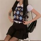 Short-sleeve Shirt / Argyle Sweater Vest / Pleated Mini A-line Skirt
