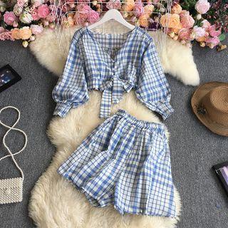 Set: Puff-sleeve Plaid Blouse + Shorts