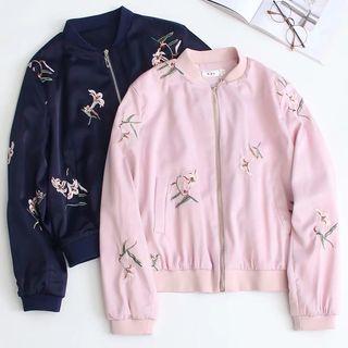Floral Embroidered Zip Bomber Jacket
