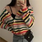 V-neck Rainbow Stripe Cardigan As Shown In Figure - One Size