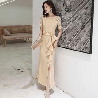 Ruffle Short-sleeve Sheath Evening Gown
