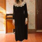 Contrast Trim Long-sleeve Midi Knit Dress Black - One Size
