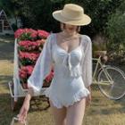 3/4-sleeve Lace Trim Swimsuit