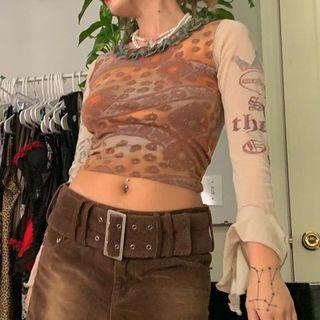 Long-sleeve Leopard Print Mesh T-shirt