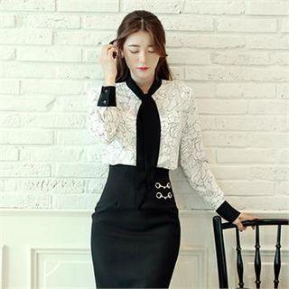 Tie-neck Contrast-cuff Patterned Blouse