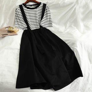 Set: Short-sleeve Striped T-shirt + Midi A-line Suspender Skirt