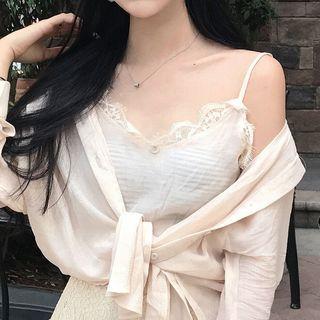 Set: Plain Light Jacket + Lace Trim Camisole Top