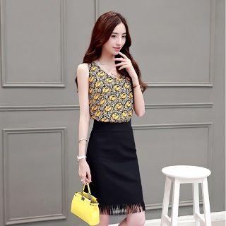 Set: Sleeveless Patterned Top + Fringe-hem Skirt