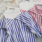 Mock Two-piece Striped Ruffled Puff-sleeve Top