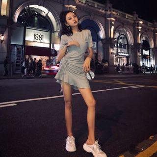 Short-sleeve Drawstring Ruffle Hem Mini Dress