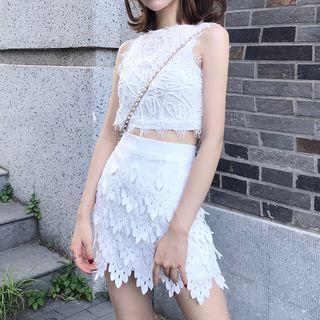Set: Sleeveless Lace Crop Top + A-line Lace Skirt