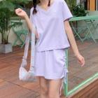 V-neck Short Sleeve Top / Drawstring Skirt