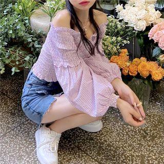 Long-sleeve Off-shoulder Striped Blouse
