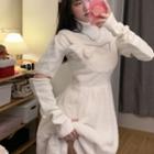 Long-sleeve Turtleneck Knit Top / Bow-accent Fluffy A-line Overall Dress