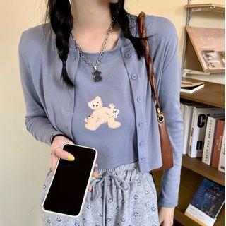 Set: Bear Print Tank Top + Cropped Cardigan
