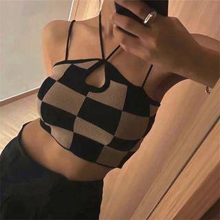 Plaid Halter Knit Cropped Camisole Top