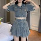 Short-sleeve Distressed Denim Crop Shirt / Mini A-line Skirt
