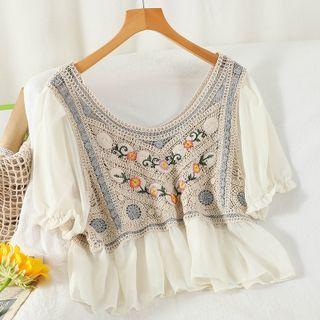 Elbow-sleeve Knit Panel Blouse
