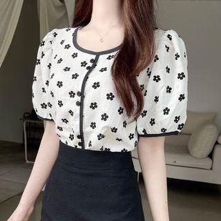 Puff-sleeve Piped Floral Blouse