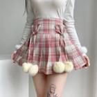 Plaid Pleated Pom Pom Mini A-line Skirt