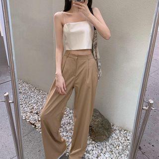 Plain Cropped Tank Top / High-waist Plain Wide Leg Pants