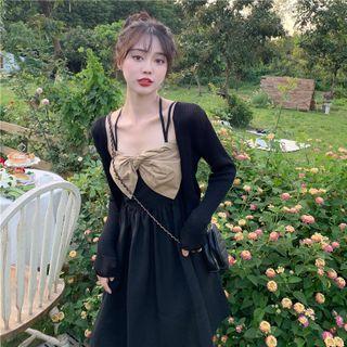 Long-sleeve Bow Accent A-line Dress / Light Jacket