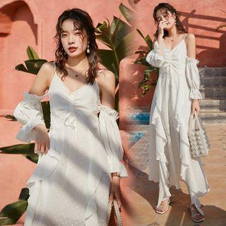 Drawstring Ruffle Cold-shoulder Maxi A-line Dress
