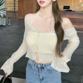 Set: Halter-neck Knit Camisole Top + Off-shoulder Knit Top