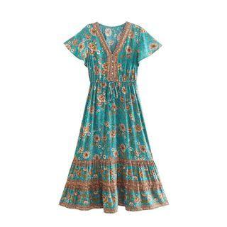 Short-sleeve V-neck Print Maxi A-line Dress
