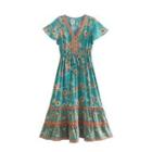 Short-sleeve V-neck Print Maxi A-line Dress