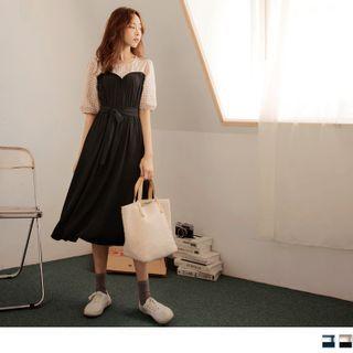 Plaid Panel Short Sleeve Mock Two Piece Dress