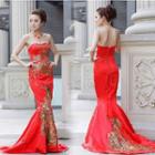 Strapless Embroidery Dip-back Evening Gown