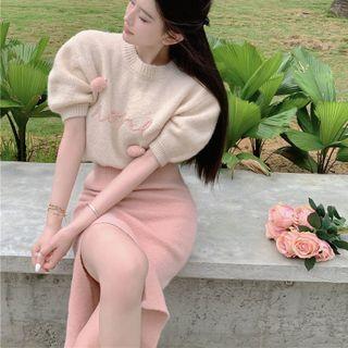 Short-sleeve Lettering Knit Top / Midi Knit Skirt