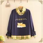 Puppy Printed Mock Two Piece Gingham Hoodie