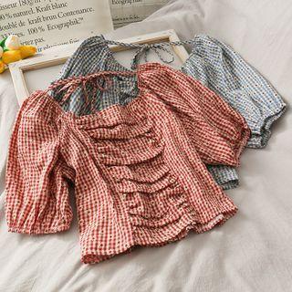 Tie-back Ruched Checker Blouse