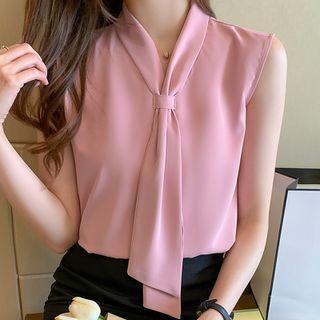 Sleeveless Plain Tie Accent Shirt