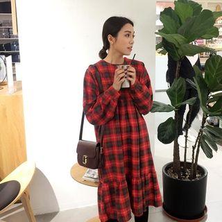 Check Round-neck Loose-fit Ruffle Dress