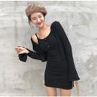Set: Plain Spaghetti Strap Dress + Open-front Jacket