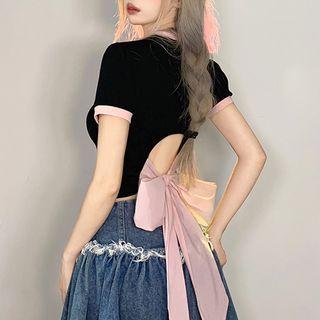 Short-sleeve Two-tone Cutout Cropped T-shirt