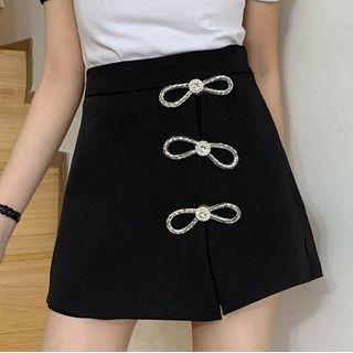 High-waist Bow-accent Plain A-line Skort